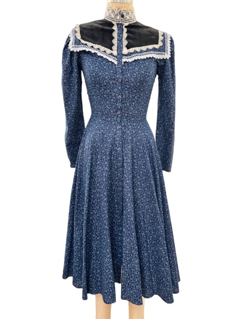 Gunne Sax Prairie Dress w/ Velvet in Blue Calico Size XS